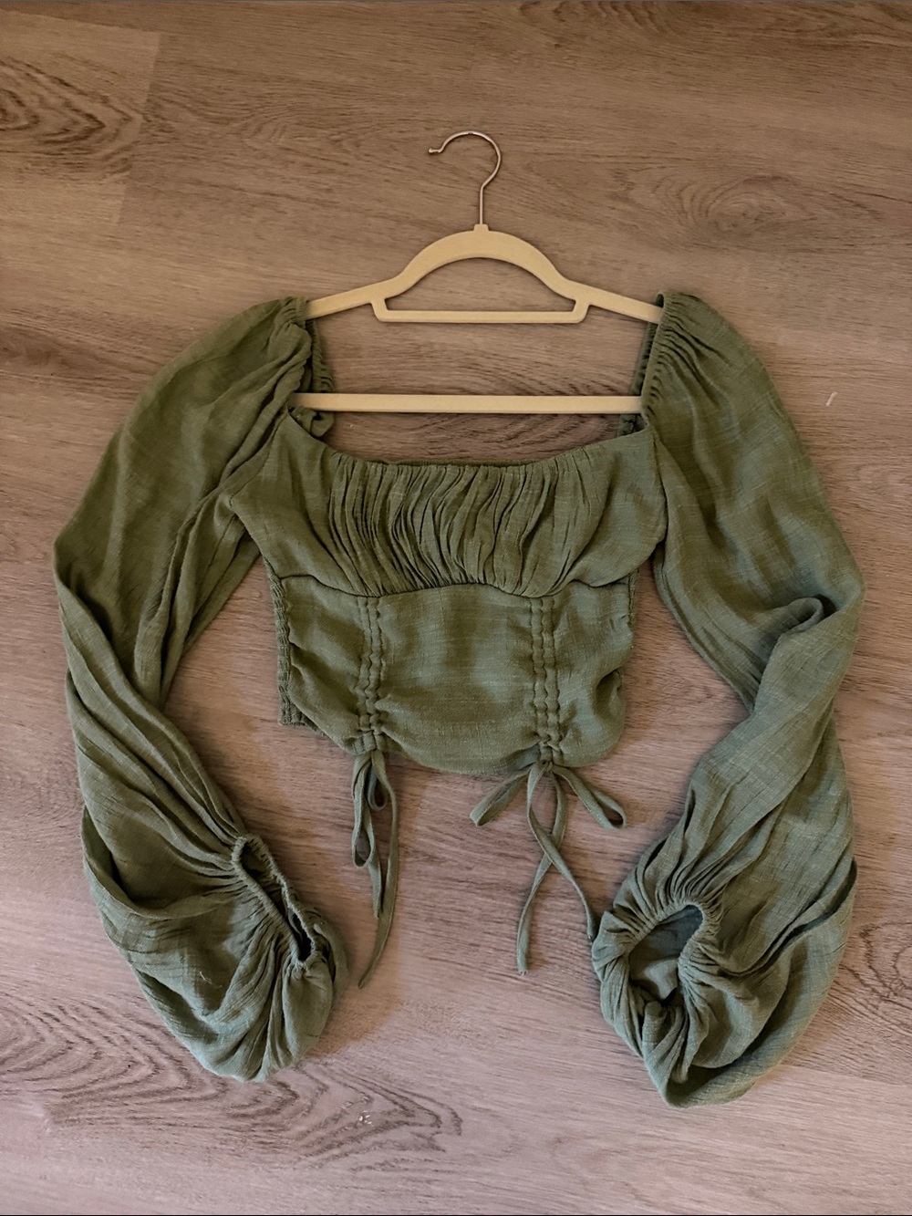 Skylar + Madison Olive Green Ruched Crop Top with Balloon Sleeves